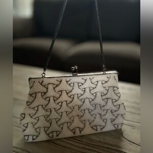 Vintage White and Gray Beaded Women's Evening Bag Clutch Purse Metal Chain Strap